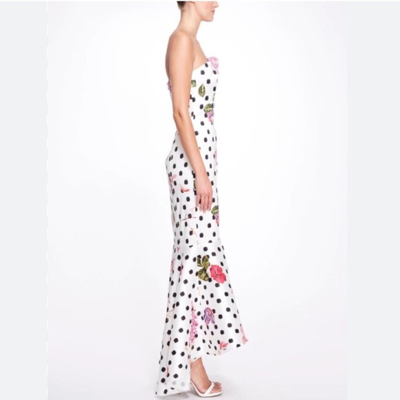 Marchesa Notte Strapless Black Polka Dot Gown Pink Floral - Picture 10 of 16